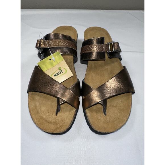 NWT Naot EUR 40 Jessica Toe Loop Slide Sandals Metallic Bronze Leather Strappy - Picture 1 of 12